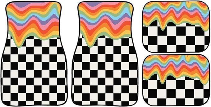 Rainbow Black White Plaid Print Car Floor Mats Set of 4 Checkered Universal Vehicle Floor Carpet Decorative Auto Front Rear Foot Rugs for Trucks SUV Sedan