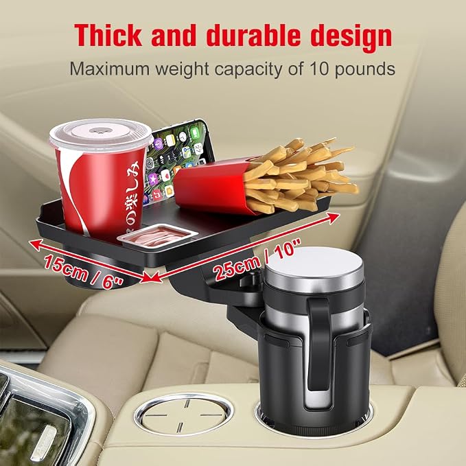 Car Cup Holder Tray，Automotive Cup Holder Expander for car，Large Drink Holder，10” Detachable Car Food Tray Table for Eating with Anti-Slip Base,Fit for Front & Back Seat