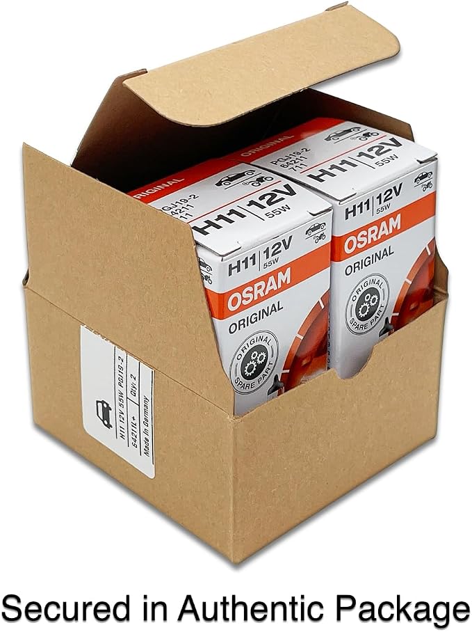 OSRAM H11 OEM Original Standard Halogen Headlight Bulbs 12V 55W 64211L+ (Long Life) Made in Germany | Pack of 2 | Long Life, 3200K, 12V, 55W, PGJ19-2 Base, Made in Germany