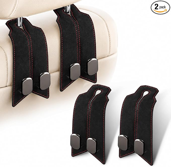 2Pcs Car Headrest Hooks with Premium Leather, Upgraded Double Metal Hooks with Anti-Drop Design, Universal Back Seat Hanger for Bags, Coats, Purses and Groceries (Classic Black)