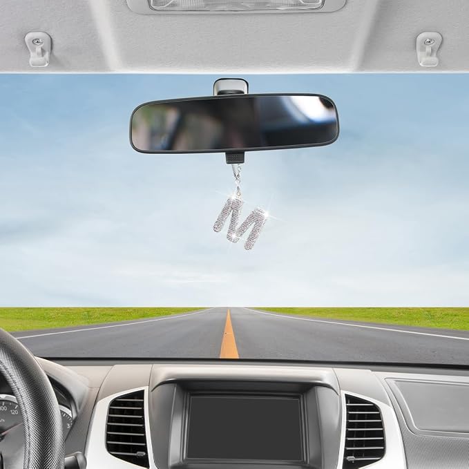 Bling Car Rear View Mirror Letter Charm, Crystal Rhinestone Rear View Mirror Hanging Ornament, Automotive Interior Rearview Mirrors Decoration Accessories, Universal for Vehicles(M)