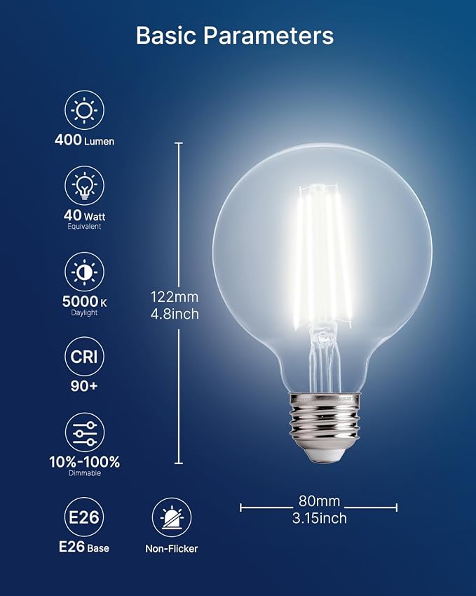 FLSNT 6 Pack G25 LED Globe Edison Bulbs for Bathroom Vanity & Mirror Lighting, 5000K Daylight, CRI90+ Dimmable, 40W Equivalent, 400LM, E26 Base, Clear Glass Decorative Bulbs