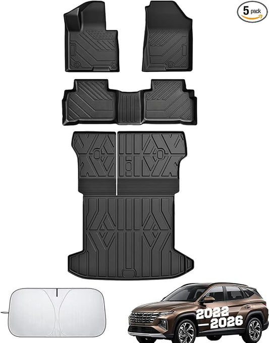 Floor Mats for Hyundai Tucson 2022-2025 2026(Excluding Hybrid & PHEV), All Weather Protection Custom Floor Mats Trunk Cargo and Car Windshield Cover Set for Car Accessories,Car Floor Liners Set