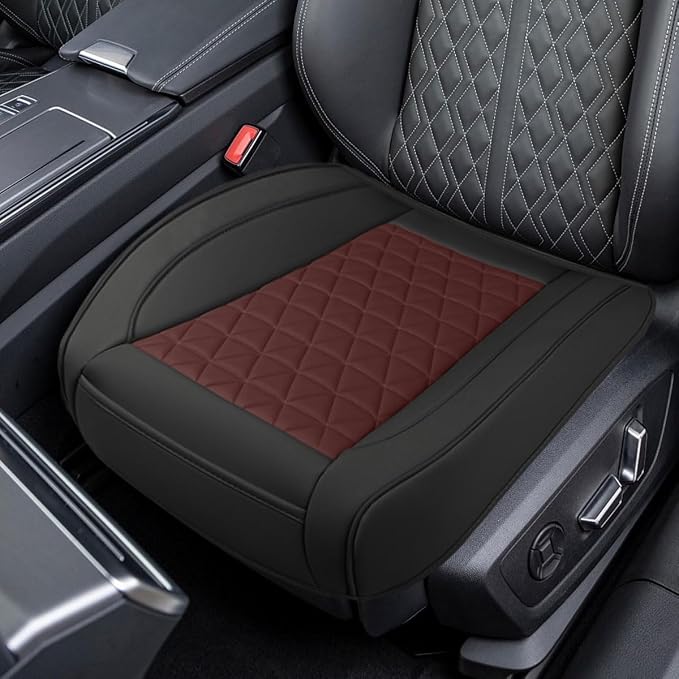 Luxury Faux Leather Car Seat Cover, Car Seats Cushion,Black&Red | Anti-Slip Waterproof Universal Front Bottom Seat Protector with Storage Pocket for Sedans, SUVs, Trucks, Triangular Pattern