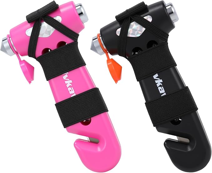 Car Safety Hammer, 3 in 1 Emergency Escape Tool with Window Breaker and Seat Belt Cutter, Window Glass Hammer, Road Trip Essential and Must Haves (Pink and Black)