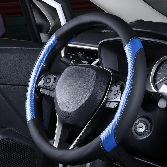 Steering Wheel Cover Blue - Premium Perforated Leather Sport Wrap with Carbon Fiber Texture and Odorless Rubber Non-Slip Inner, Universal Fit for Cars Trucks SUVS - 15 Inch (Blue)