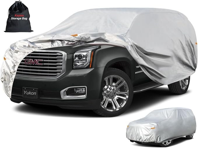 Kayme 6 Layers SUV Car Cover Custom Fit for GMC Yukon (1995-2025) Waterproof All Weather for Automobiles, Outdoor Full Cover Rain Sun UV Protection.Silver