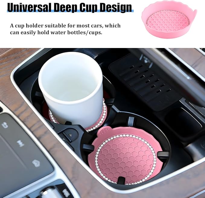 HZEL 4PCS Bling Car Cup Holder Coaster, Shiny Crystal Rhinestone Silicone Dustproof Drink Cup Insert Pad, Dazzling Automotive Interior Water Bottle Holder Embedded Mat, Universal Fit (Pink)