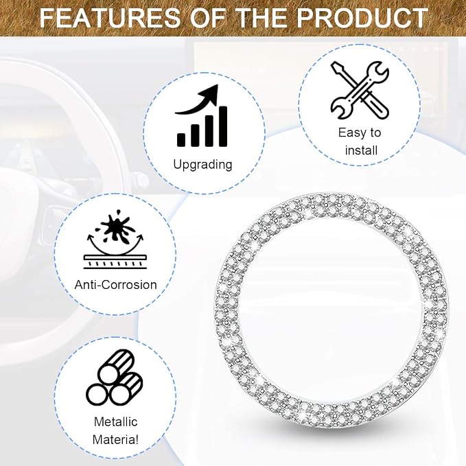 Bling Car Engine Start Ring Decals, 2PCS Sparkling Crystal Rhinestone Vehicle Push to Start Button Sticker, Diamond Auto Key Ignition Knob Decorative Ring, Universal for Vehicles (White)