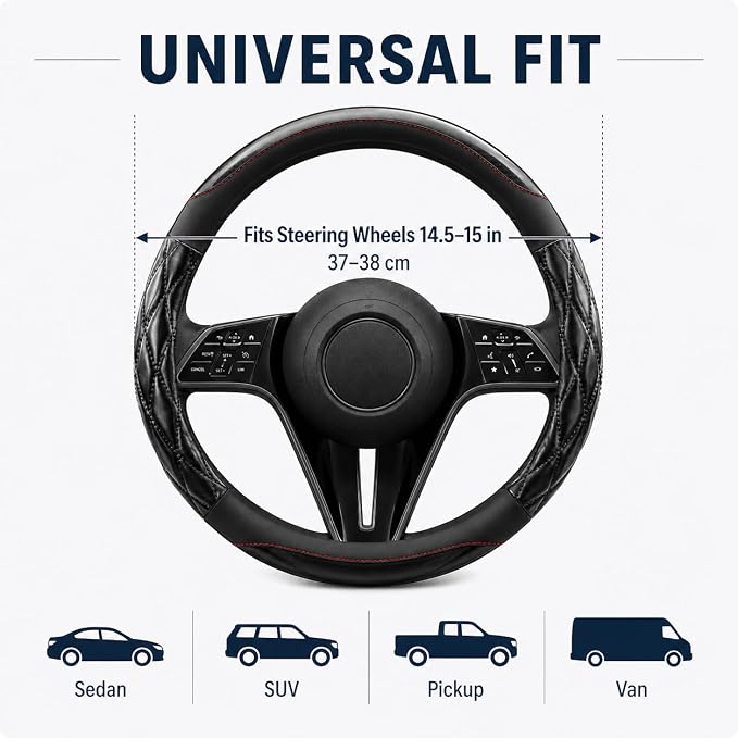 Couslcd 14.5-15 Inch Leather Steering Wheel Cover with Soft Padded Lining, Anti-Slip Comfort Grip, Universal Steering Wheel Protector for Most Cars, SUVs, Trucks (Black)