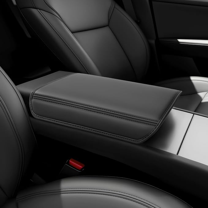 for Tesla Model Y Juniper(2025-2026) & Model 3(2024-2026) Leather Center Console Cover [Soft Touch & Match Seat Color] Armrest Cover for Tesla Model 3 & Model Y Juniper Accessories Black