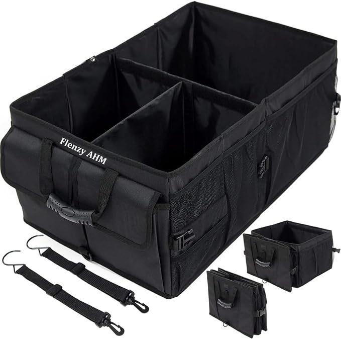 Heavy-Duty Car Trunk Organizer with Built-In Insulated Cooler – Large Collapsible SUV Cargo Storage Bin, Rigid Plastic Walls (Won't Sag), Non-Slip Straps, Black
