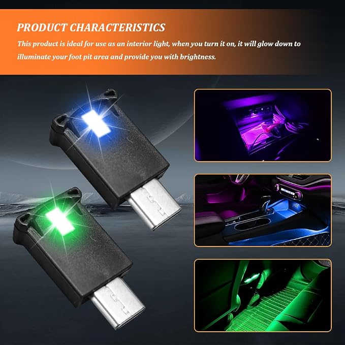 2 PCS USB Type C LED Ambient Light, Adjustable Brightness 8 Color RGB LED Interior Lighting, Universal Car Interior Accessories Mini USB Night Atmosphere Lamp for Car Home Decoration