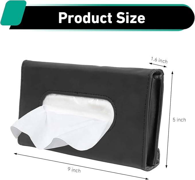 Car Tissue Holder, Premium PU Leather Sun Visor Napkin Holder, Universal Sun Visor Mount Tissue Box for SUV Truck Vehicle Interior, Easy to Use (Black)