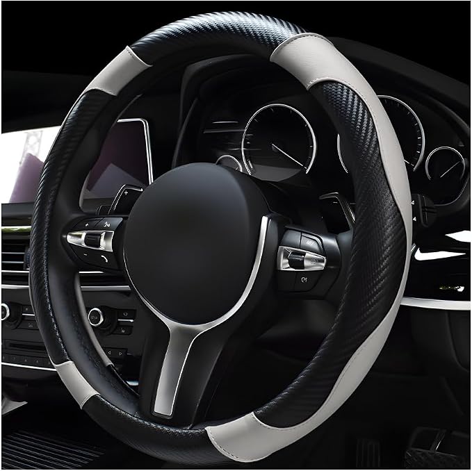 povtii Car Steering Wheel Cover, 15 Inch Leather Breathable Auto Steering Wheel Protector, Comfortable Non-Slip Vehicle Steering Wheel Covers, Universal Car Accessories (White, with Lining)
