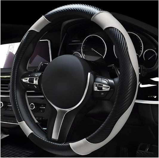povtii Car Steering Wheel Cover, 15 Inch Leather Breathable Auto Steering Wheel Protector, Comfortable Non-Slip Vehicle Steering Wheel Covers, Universal Car Accessories (White, with Lining)