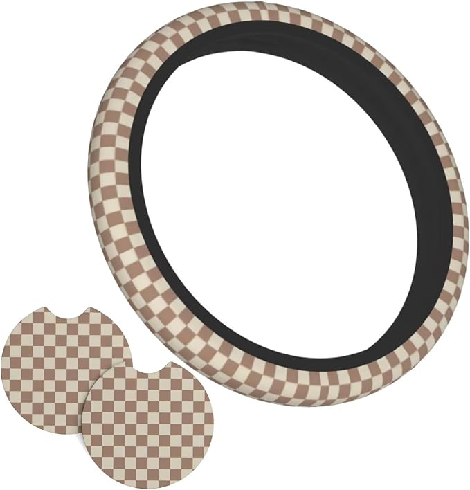 Khaki Checkered Steering Wheel Cover - Khaki Checkered Racing Flag Brown Steering Wheel Cover Anti-Slip Breathable for 15 in Universal 2 Pcs Car Interior Cup Holder Pad for Men Women