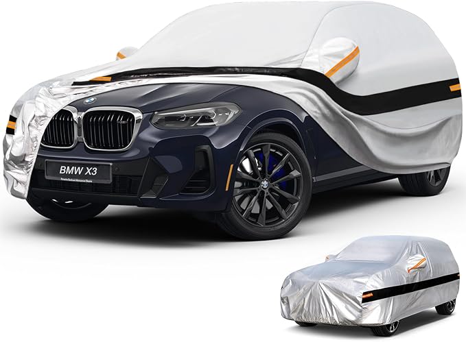 10 Layers SUV Car Cover Custom Fit for BMW X3 (2010-2026) F25, G01, G45, G48, Waterproof All Weather for Automobiles, Outdoor Full Cover Sun Dust Rain Protection with Cotton. Silver