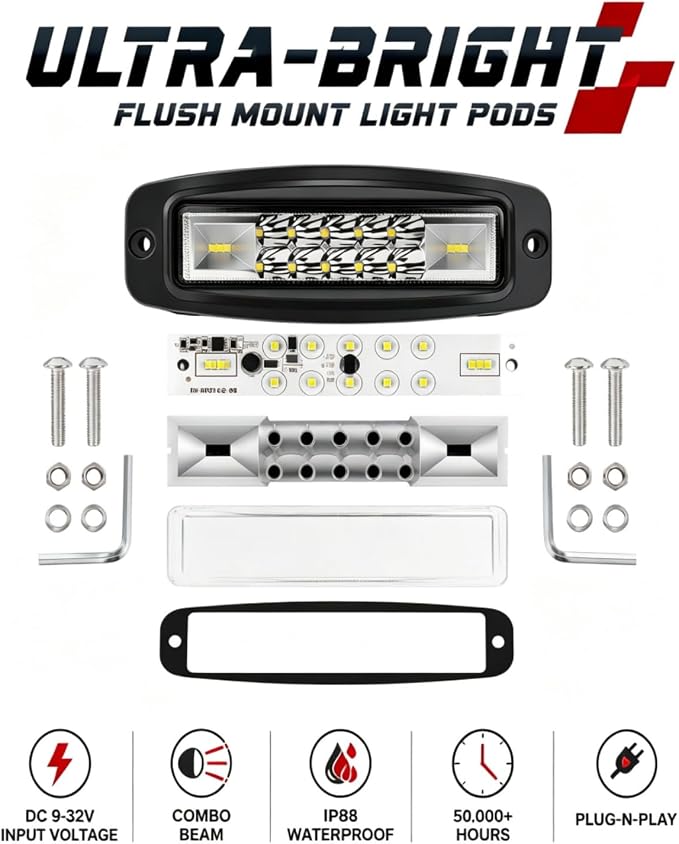 7 Inch Flush Mount LED Pods 2PCS 120W Fog Lights Bumper Reverse Light Bar | 120W 12000LM Spot Flood Combo Beam Driving Work Backup Lights with Wiring Harness Kit - IP68 Waterproof for Truck SUV ATV