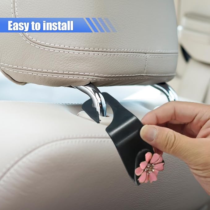 Craedli 2PCS Bling Car Seat Headrest Hook, Cute Rhinestone Flower Seat Back Storage Organizer Hanger Car Purse and Bag Hooks Holder, Universal Interior Accessories for Handbag Grocery Bag Coat (Pink)