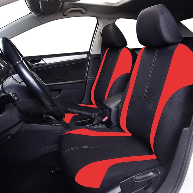AICEL 9PCS Car Seat Covers Full Set Mesh Fabric Auto Seat Protectors Red | Padded foam laminate, removable headrest design, washable fabric, snap fastening, universal fit, automotive accessories