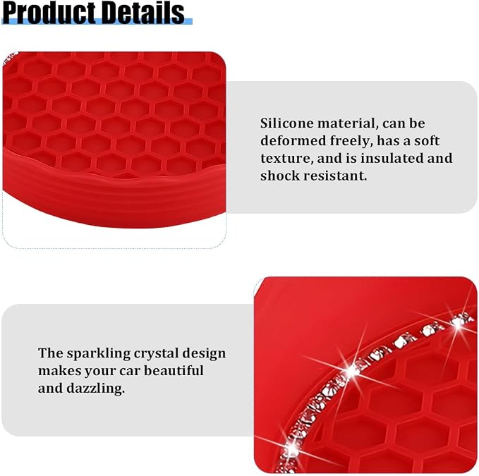 HZEL 4PCS Bling Car Cup Holder Coaster, Shiny Crystal Rhinestone Silicone Dustproof Drink Cup Insert Pad, Dazzling Automotive Interior Water Bottle Holder Embedded Mat, Universal Fit (Red)