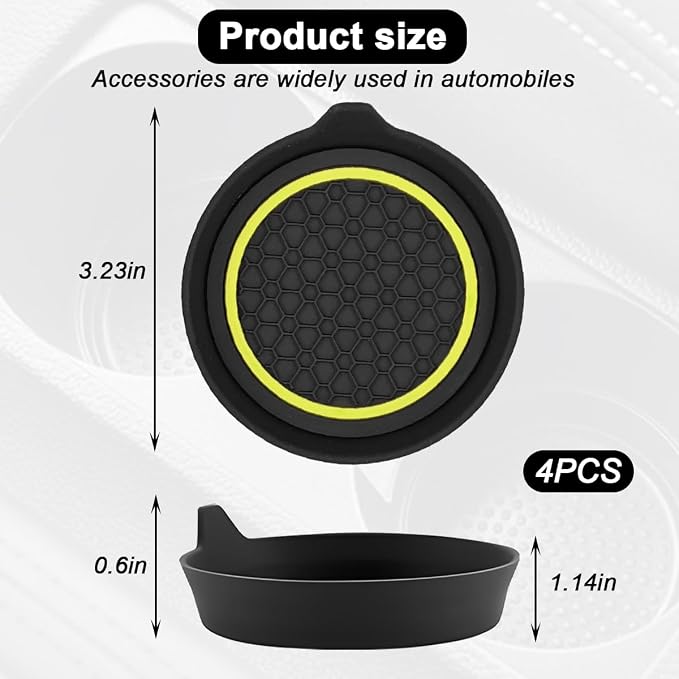 HZEL Car Cup Holder Coasters, 4PCS Non Slip Waterproof Vehicle Water Bottle Pads, Recessed Automotive Interior Drink Mat Decoration Accessories, Universal for SUV Sedan Truck (Yellow/Black)