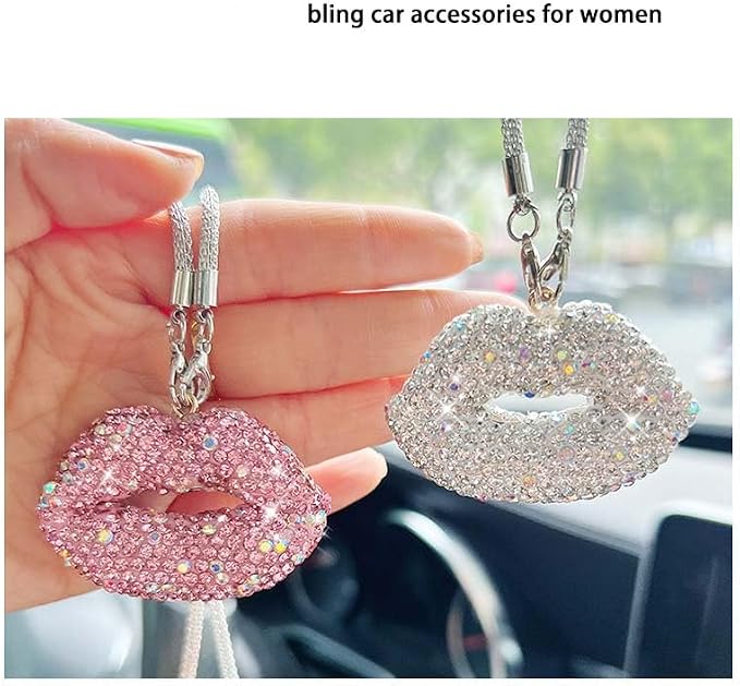 Bling Lip Diamond Car Accessories for Women, Crystal Rear View Mirror Accessories,for Family and Lover,Car Decoration, Valentine's Gift, Lucky Hanging Interior Ornament (Pink)