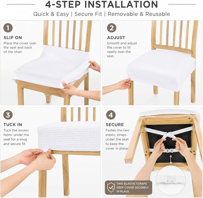 NILUOH Waterproof Seat Covers for Dining Room Chairs Set of 4, Stretch Jacquard Chair Seat Slipcovers Dining Chair Cover Removable Washable Chair Protctor Cover, Rear Covers (White)