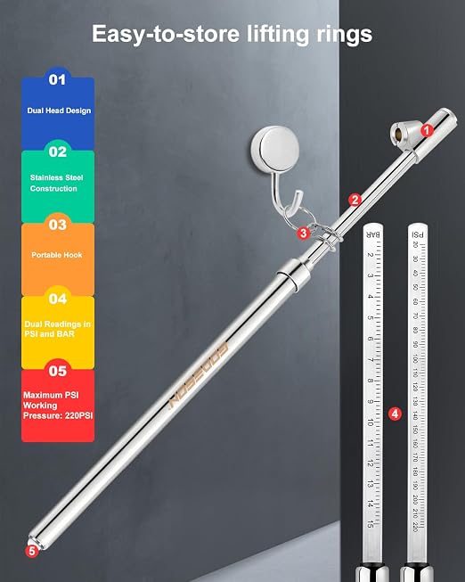 GODESON 13.5" Dual Head Tire Pressure Gauge, 20-220PSI/2-15Bar High Accuracy Semi trcuk tire Gauge, Heavy Duty Pencil Pressure Gauges Checker for RV & Truck, Stainless Steel Solid Body, Portable