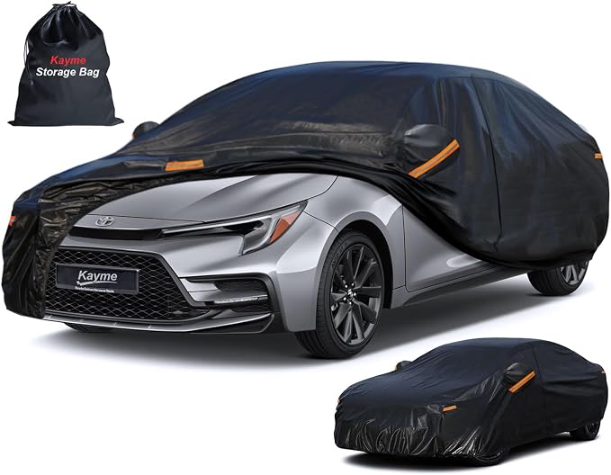Kayme 7 Layers Car Cover Custom Fit for Toyota Corolla Sedan (1996-2025) Waterproof All Weather for Automobiles, Outdoor Full Cover Rain Sun UV Protection with Zipper Cotton/Black