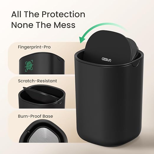 Cesun Mini Desktop Trash Can with Swing Lid, 0.4 Gallon Small Desk Trash Can, Countertop Wastebasket, Modern Tiny Tabletop Bin for Home Office, Makeup Area, or Car Interior (Black)