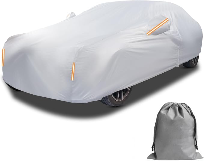 Caromop 10-Layer Waterproof Car Cover All Weather Protection (Snow, Rain, Sun) with Secure Fit Straps and Easy On/Off Zipper-Size A0 (See Size-Chart)