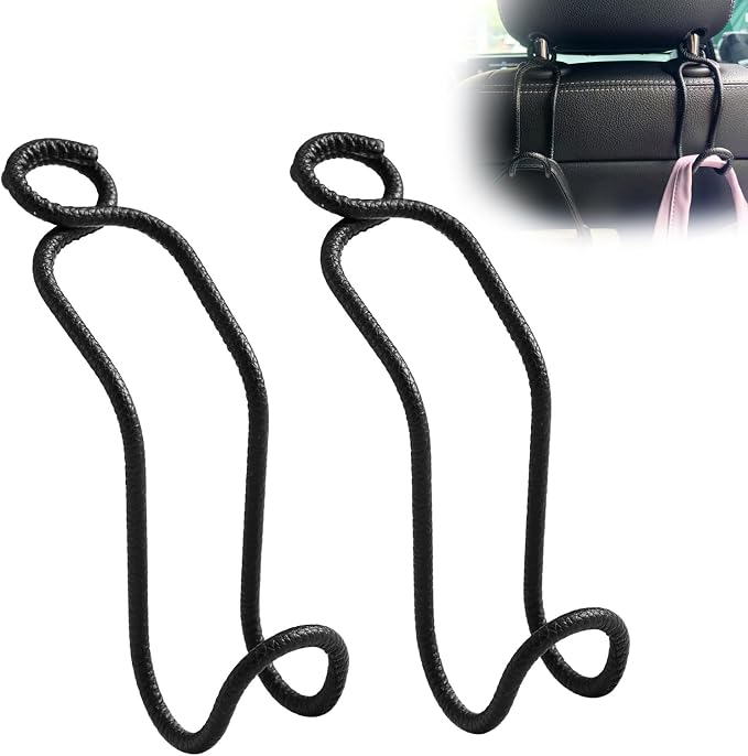 Car Headrest Hooks for Purse Bag, 2 Pack Car Seat Hooks - Black Leather/2L | Heavy-Duty Holds Up to 60lbs Metal Car Purse Holder for Grocery Handbag, Car Interior Accessories for Men Women
