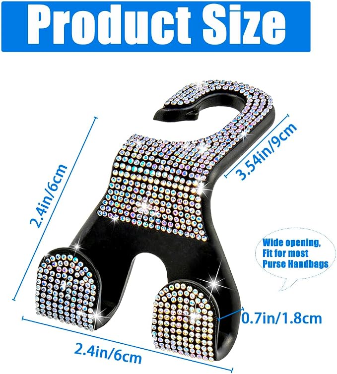 Bling Car Purse Hooks 2Pcs, Rhinestones Car Headrest Hook Backseat | Double Hooks,Holds 44Lbs,Wide Opening,Durable Nylon,Car Seat Hook,Purse Holder,Bling Car Accessories for Women,AB