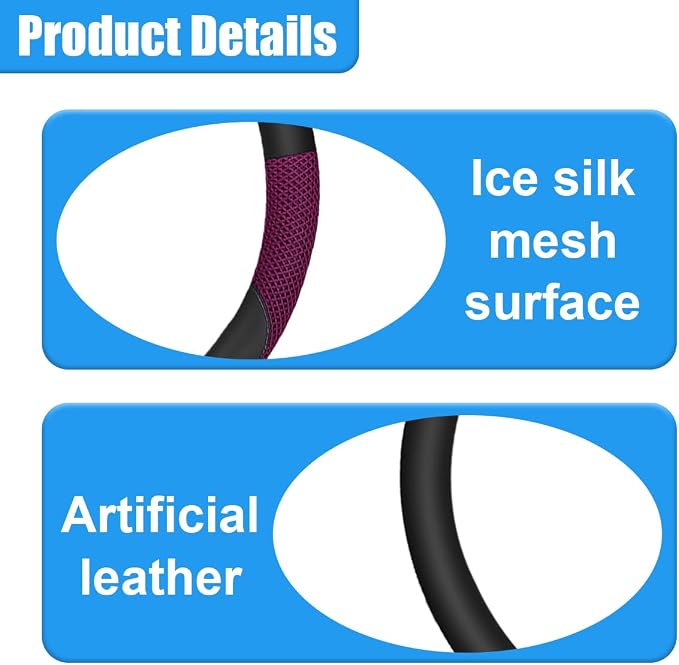 Car Steering Wheel Cover, 15" Breathable Microfiber Leather Ice Silk Mesh Wheel Wrap, Warm in Winter & Cool in Summer, Comfortable Anti-Slip Auto Interior Decorative Protector(Red)