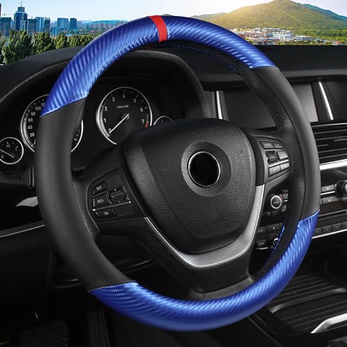 KAFEEK Carbon Fiber Steering Wheel Cover for Men, Car Accessories, Blue | Universal 15 Inch Sporty & Thin Cover, Anti-Slip Breathable Leather with Racing Red Center Stripe