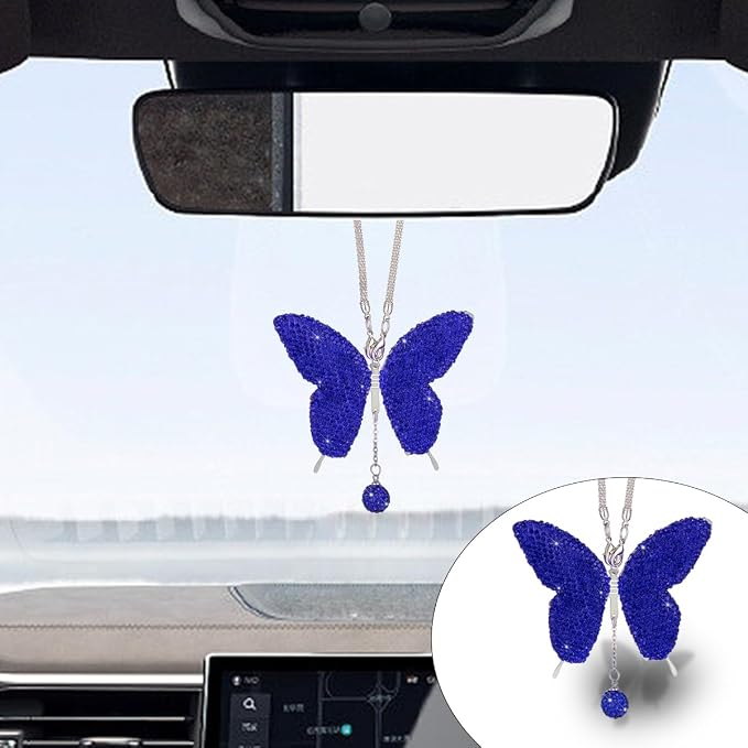 JOYCOURT Bling Butterfly Diamond Car Hanging Accessories for Women,DarkBlue | Crystal Butterfly Rear View Mirror Luck Car Decoration Accessories, Valentine's Day Presents Ornament Pendant for All Cars