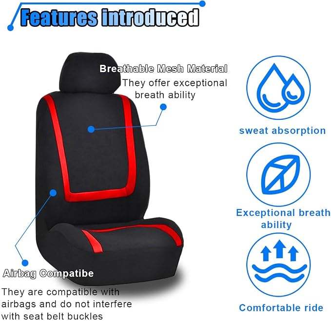 LAINLOY 2 Pack Car Seat Covers, Breathable Seat Protectors, Anti-Slip Driver Seat Cover, Comfortable Front Seat Cover Set Universal Fit for Truck, SUV, Sedan, Airbag Compatible (Black&Red)