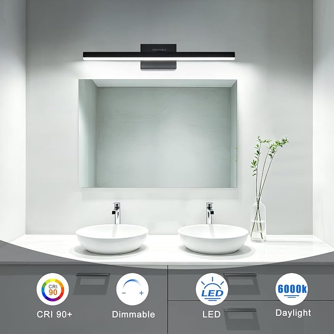 IZORRO Modern Bathroom Vanity Light 32 inch, Rotatable, 24W Dimmable Led Bathroom Light Fixture Over Mirror, Black Vanity Light Bar (Cool White 6000K)