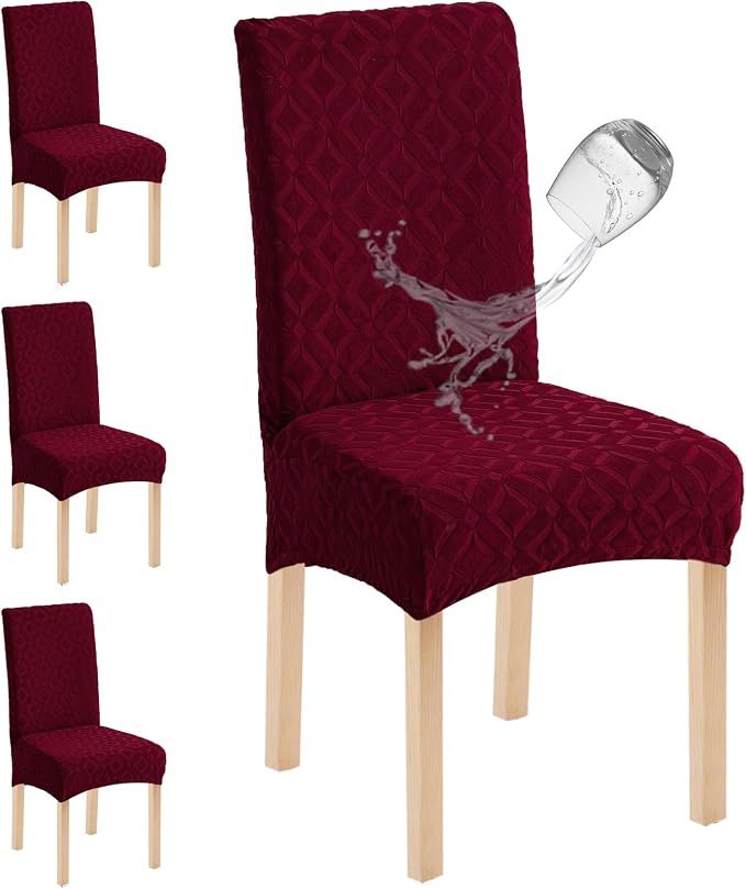 Genina Waterproof Chair Covers for Dining Room Set of 4, Removable Washable Chair Slipcover Protectors, Wine Red