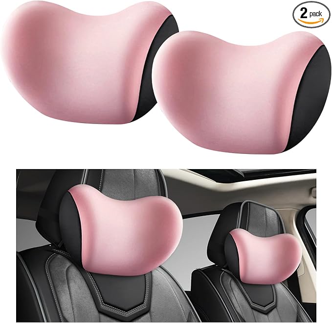 2 PCS Car Headrest Cushion, Ergonomic Memory Foam Car Neck Back Support w/Removable Cover, Universal Breathable Lumbar Cushion Headrest Pillow with Adjusatble Strap (Pink)