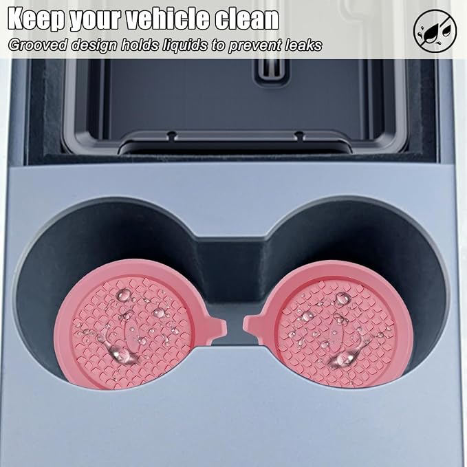 4PCS Car Cup Holder Coaster, Silicone Non-Slip Shockproof Vehicle Drink Cup Insert Mat, Dustproof Embedded Automotive Interior Water Bottle Pad, Universal for SUV Van Truck (Pink)