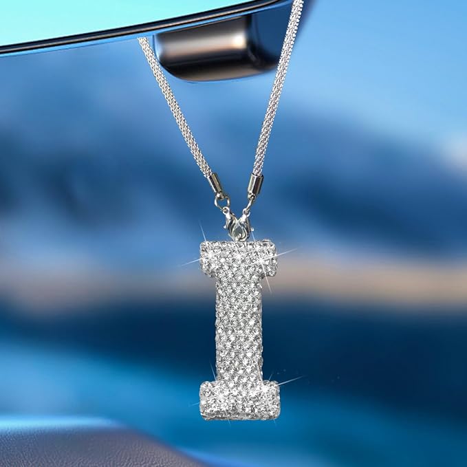 Bling Car Accessories for Women Letter Charm, Rear View Mirror Ornament Cute Hanging Crystal Pendant Girl Car Decorations, Lucky Diamond Rhinestone Girly Charm Interior (White I)