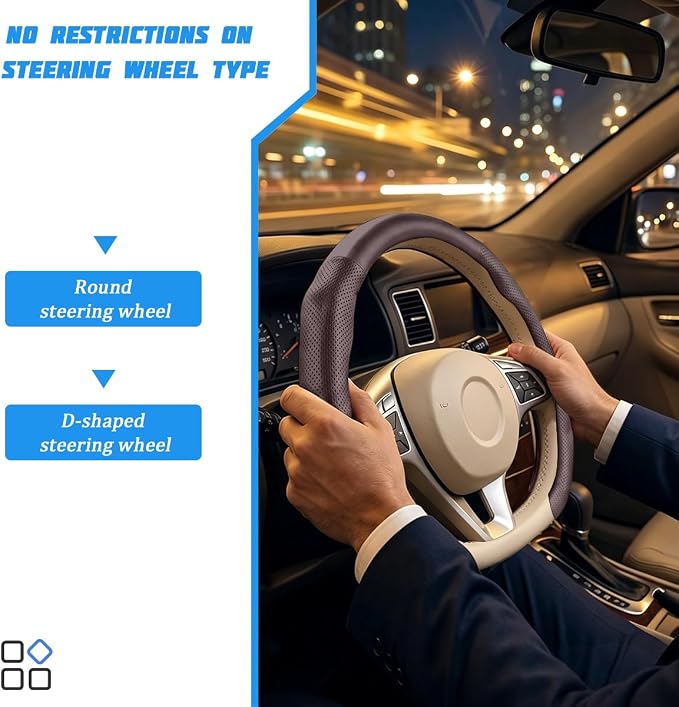 Car Steering Wheel Cover, Comfortable Grip Non-Slip Breathable Vehicle Steering Wheel Protector, Automotive Interior Decoration Accessories, Universal Fit (Coffee)