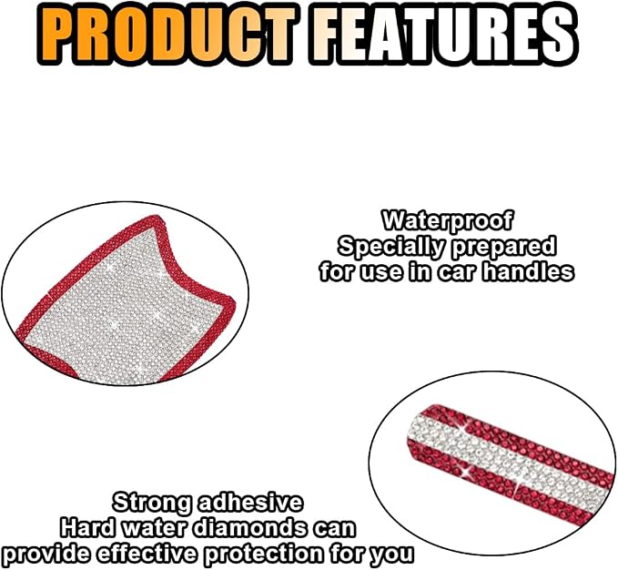 JOYCOURT 10PCS Bling Car Door Handle Anti-Scratch Sticker, White&Red | Universal Car Door Handle Cup Protective Cover, Adhesive Door Bowl Sticker, Shiny Rhinestone Auto Decor Accessories for Women