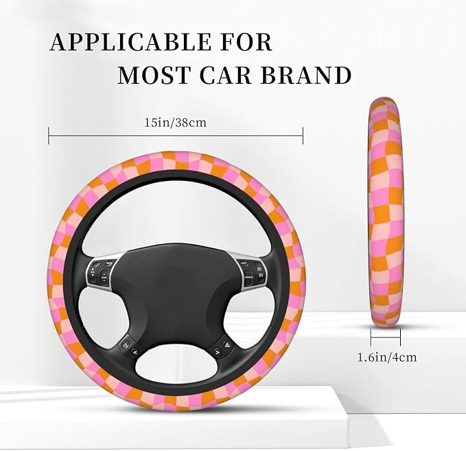 Groovy Checkered Abstract 70s Retro Steering Wheel Cover For Women Men Girls Car Accessories Decor Anti-Slip Neoprene Auto Steering Wheel Covers Protector Universal 15 Inch