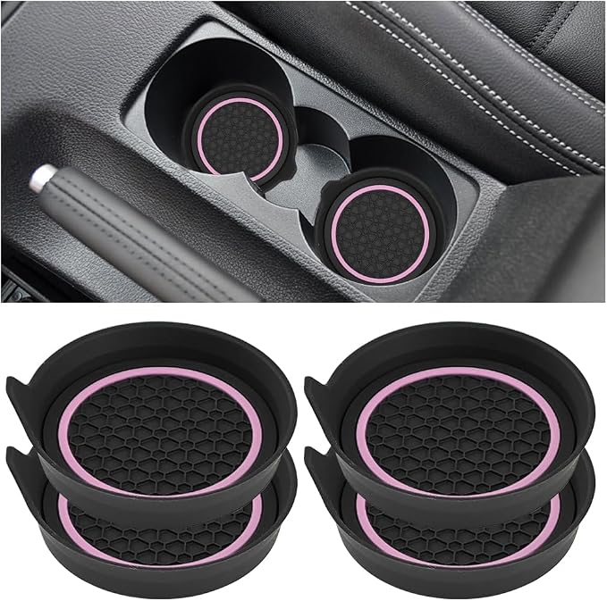 HZEL Car Cup Holder Coasters, 4PCS Non Slip Waterproof Vehicle Water Bottle Pads, Recessed Automotive Interior Drink Mat Decoration Accessories, Universal for SUV Sedan Truck (Pink/Black)