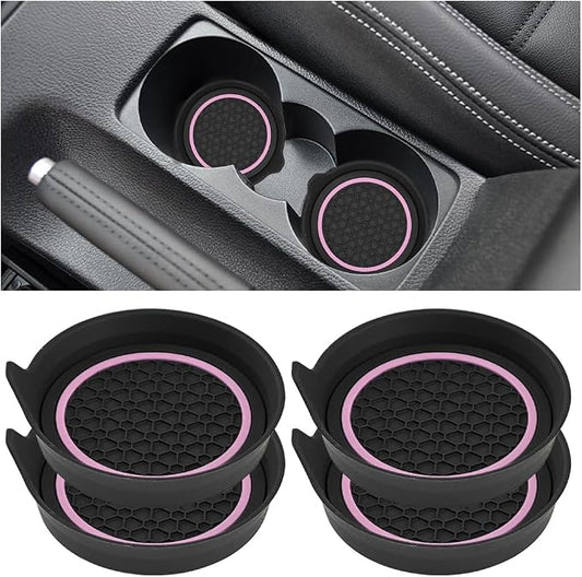 HZEL Car Cup Holder Coasters, 4PCS Non Slip Waterproof Vehicle Water Bottle Pads, Recessed Automotive Interior Drink Mat Decoration Accessories, Universal for SUV Sedan Truck (Pink/Black)