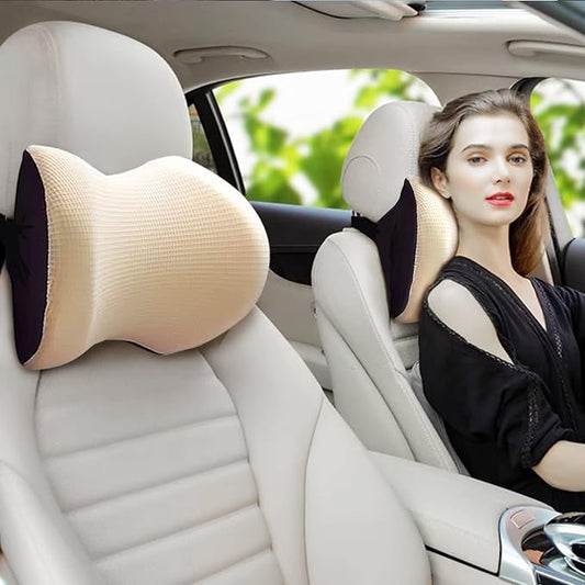 Super Comfy Car Headrest Pillow, Softness Car Pillow for Neck Pain Relief | Adjustable Strap, 100% Memory Foam & Breathable Removable Cover, Ergonomic Design - Universal Fit Car Neck Pillow(Beige, 1PC)